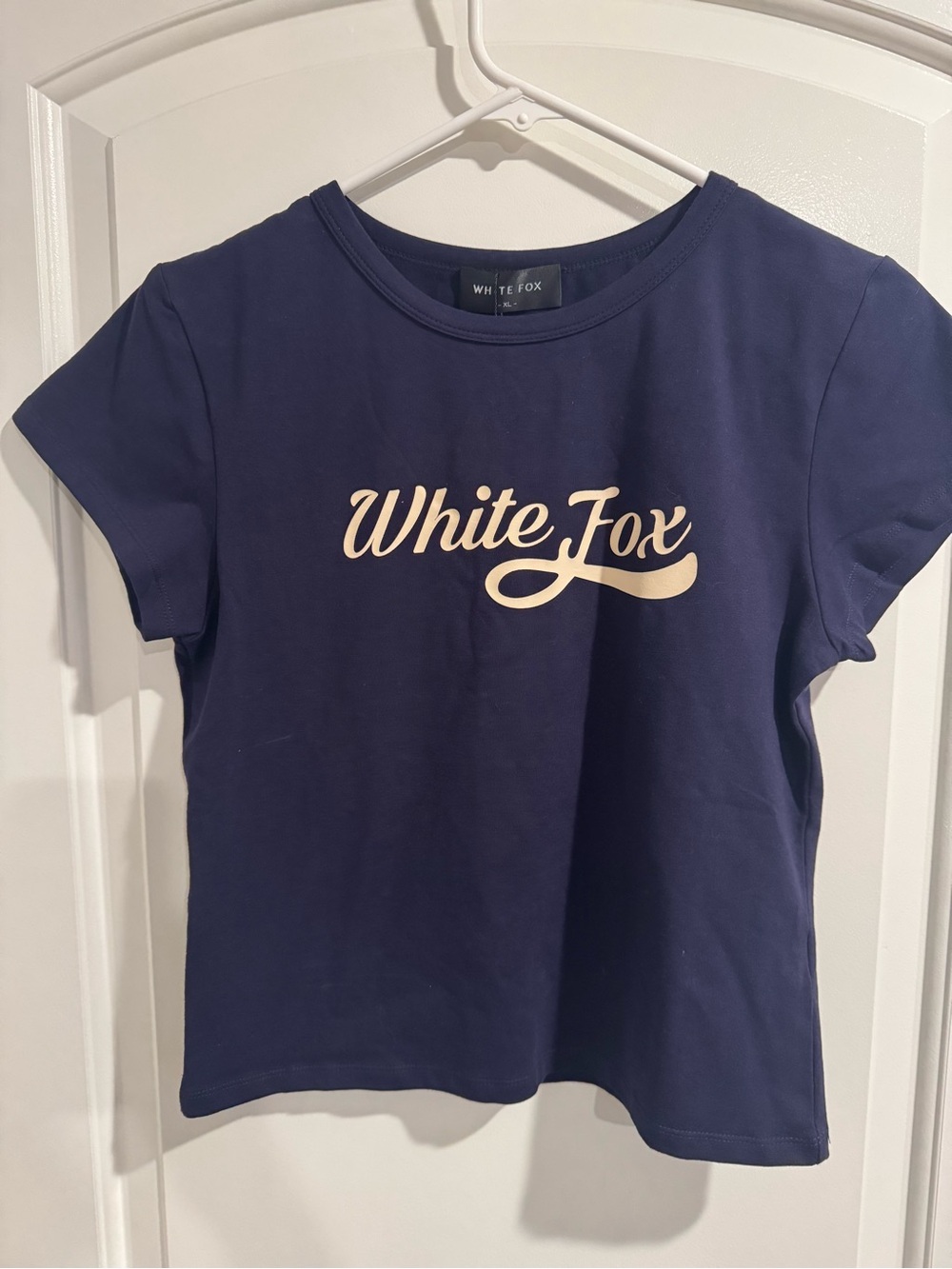 White Fox Boutique Navy Tee with Cream Script Logo